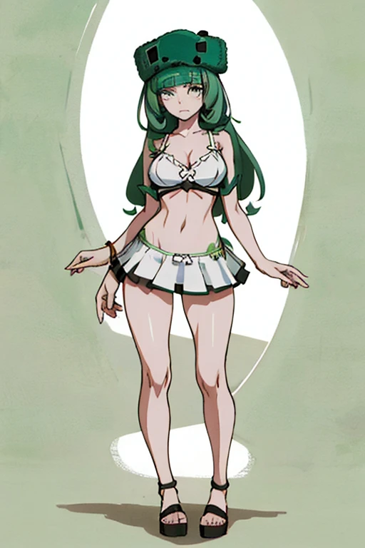 obra de arte, Melhor qualidade 8k, uma mulher de 18 anos , fundo branco, fundo simples slim3, pele verde, Garota gosmenta, green hat, vestido verde, Wariza, olhando para o espectador, confuso, Seios grandes, Full body standing, wearing panties and bra, na praia caminhando 😏