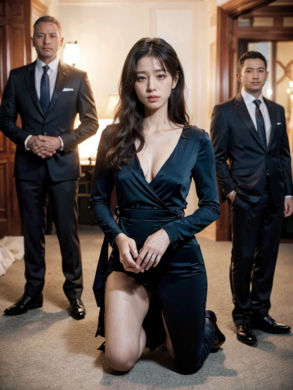 ban nsfw，original photo，depth of field，dramatic，(Real movie stills:1.3)，(best quality, high resolution:1.2), Super detailed details, (actual、lifelike、Realism:1.3), Inspired by the 007 movie，full body portrait，A beautiful and handsome couple，Woman kneeling at the man&#39;s feet, sophisticated evening gown，The atmosphere of the battle, Threatening atmosphere, close up, Perfect body，性感的long legs，long legs，Highly detailed facial details,  real background，Stills from the real 007 movie，Movie plot，man next to woman，(sharp focus:1.2), Very detailed, (lifelike:1.4), (The original image, 8K high resolution:1.2), RAW candid movies, 16 mm, Color graded Portra 400 film, Surreal, subsurface scattering, Ray tracing, (Volumetric lighting)，Two men in suits behind