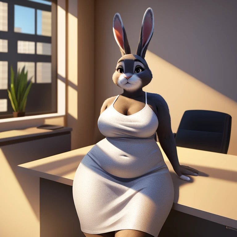 A gray chubby rabbit, wearing a white tube dress, office background, highest detail, anthro, furry art, high realistic shadows, 4k, high realistic lighting