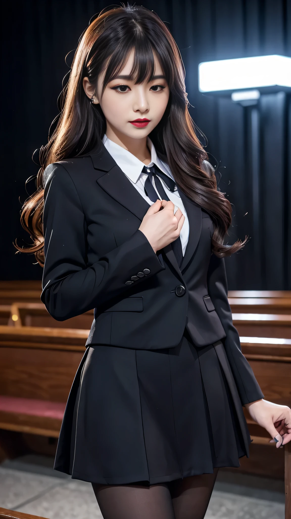 tra-detailed、2girls、Japanese、attractive beauty、seductive adult woman、pretty woman、piercing eyes、cool girl、wavy hair、swept bangs、suit、Jacket、blouse、ribbon、Tight Skirt、pantyhose、beautiful feet、Evil cadres、evil depravity、brainwash、mind control、lipstick、lip gloss、dark makeup、smirk、Whisper in my ear、Evil expression、evil、hollow eyes,half-closed eyes、empty eyes、evil、church at night、vampire、succubus、vampire、Swear allegiance、stand