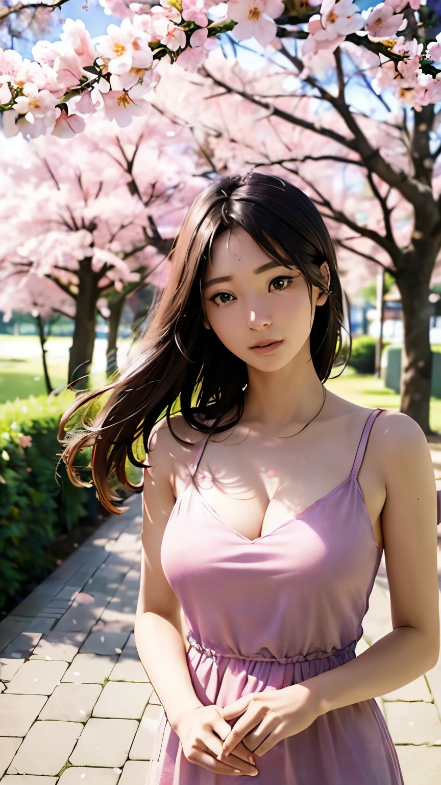 (A logo、masterpiece、8K、masutepiece、Raw photo、Fantastic、Best Quality、Photorealistic and ighly detailed CG integrated 8k wallpaper、hightquality、ighly detailed、epic poem、Particle effect、Dynamic effects、depth of fields、Cinematic Light、Lens Flare、Ray tracing)、Fantasia、 (Beauty 1 person、doress、Dress、Cherry blossom pattern、A dark-haired、Beautiful face、Real Face、beautiful details eyes beautiful skin)、my hair dances in the wind、Hair flutters in the wind、Hair jumps、Pink cherry blossom tree、Petals flutter、Sakura blizzard、Superb view、morning glow、Sun in the background、the wind、