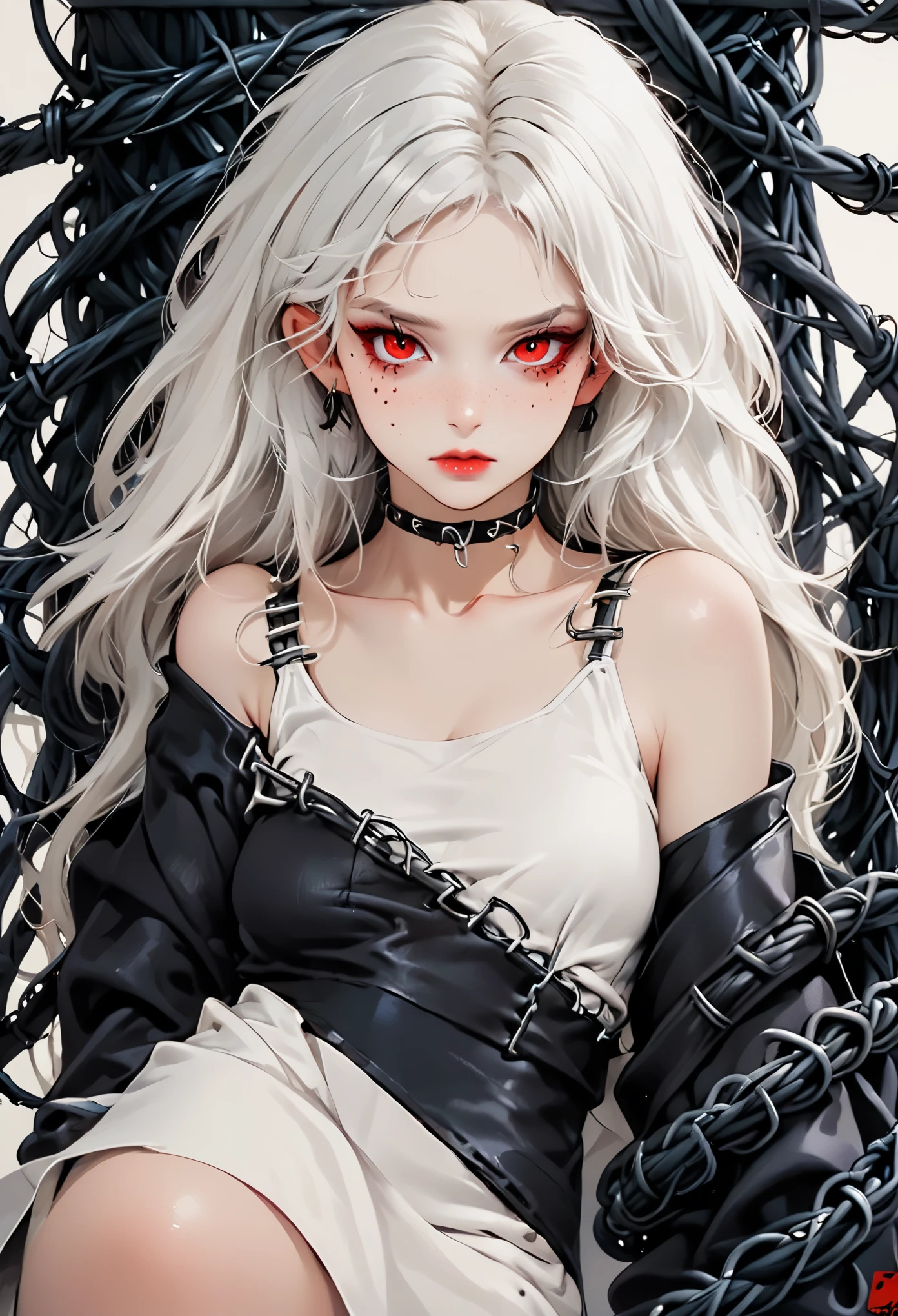 Beautiful young white-haired girl with piercing red eyes, half smile with full lips, black nails, barbed wires everywhere(coiled black barbed wires)