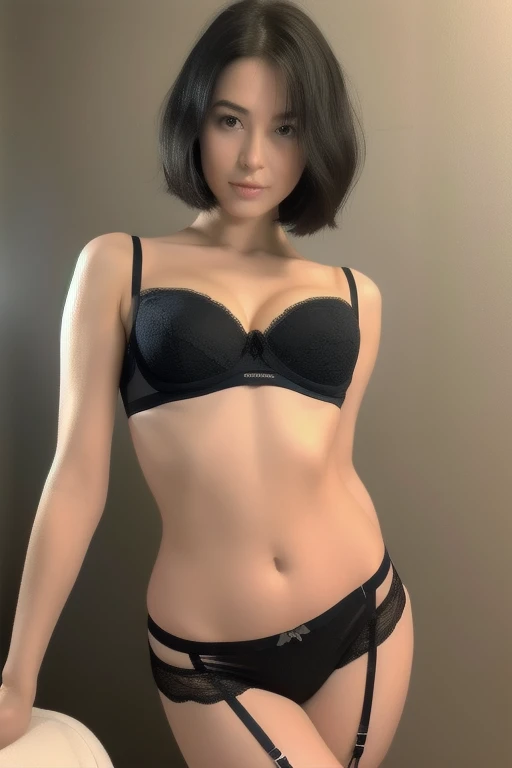 1girl, short bob cut black hair, closed mouth, exclusive suite room as background, night time, satisfied and confident looking at viewer, solo, upper body waist up pose , alluring, clean, beautiful face, pure face, pale skin, sexy pose,((tube top, mini tight lingerie)), long messy black hair, ((perfect female figure)), mature female, milf, narrow waist, europe deity, seductive, nice body nice breast, damp, cleavage