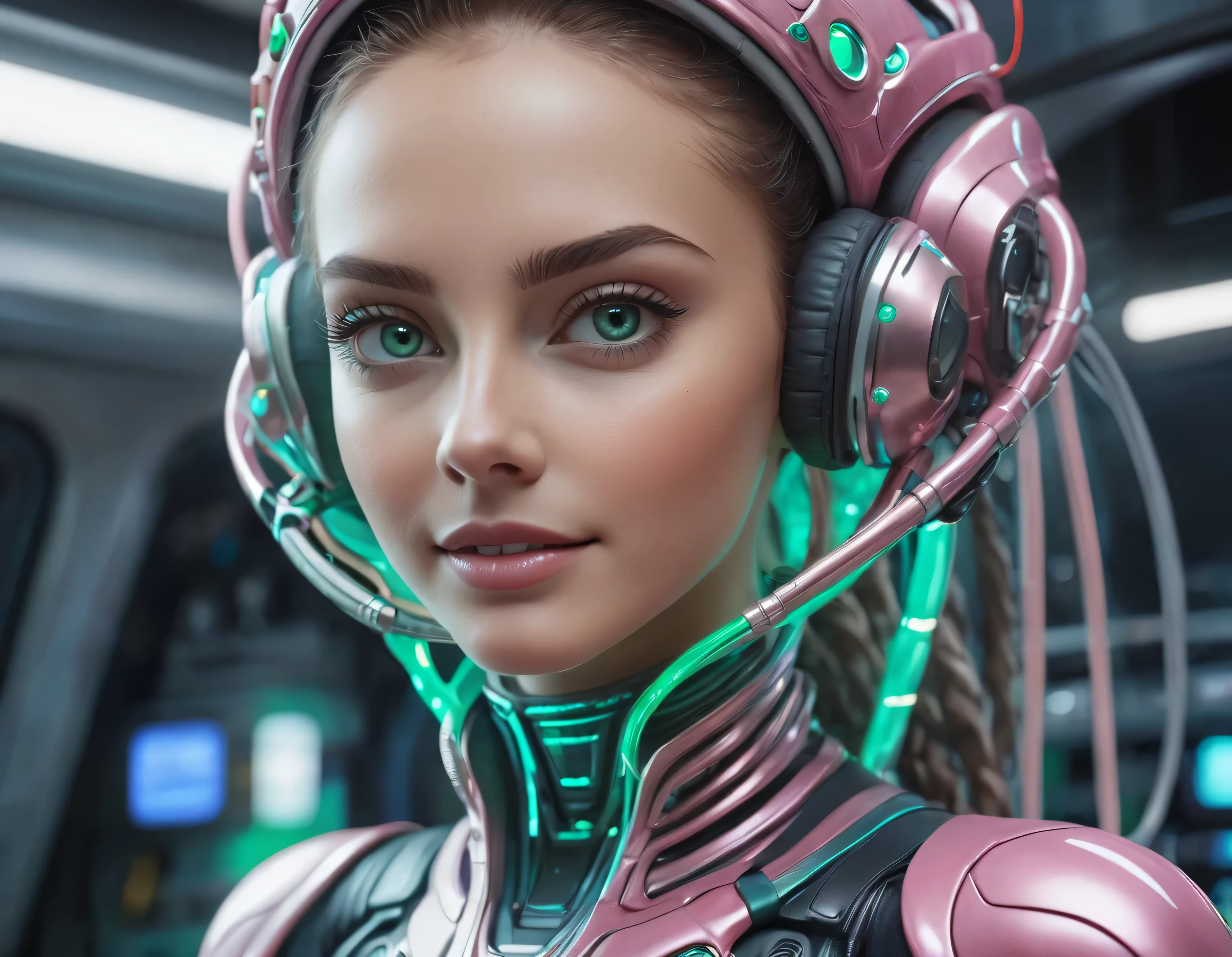(iluminacion dura), ((cuerpo completo)), extraterrestrial alien female, bellisima, sonriente, ojos verdes, piel celeste pastel, pelirroja trenzada, piernas atleticas, vestida al estilo mandaloriano,  capa roja, (se encuentra en centro de control de estacion espacial),  todo lleno de imaginacion,ciencia ficcion y (intrincados detalles de la maquina).imagen fotorrealista,nitidez maxima, calidad 8k.(obra maestra de calidad superior). 3D.