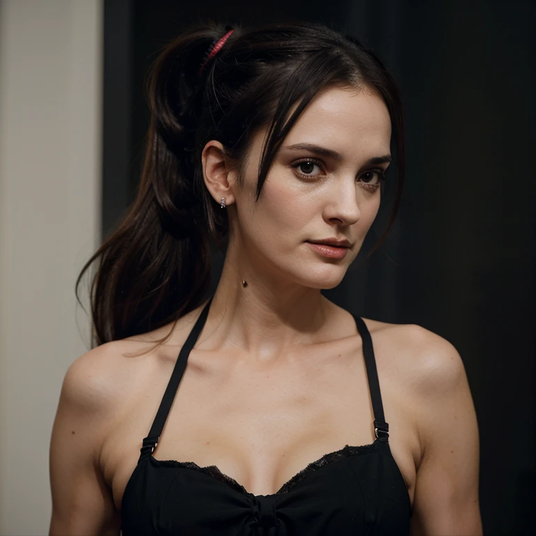 Winona Ryder with ponytail hair dressed in black garter belt