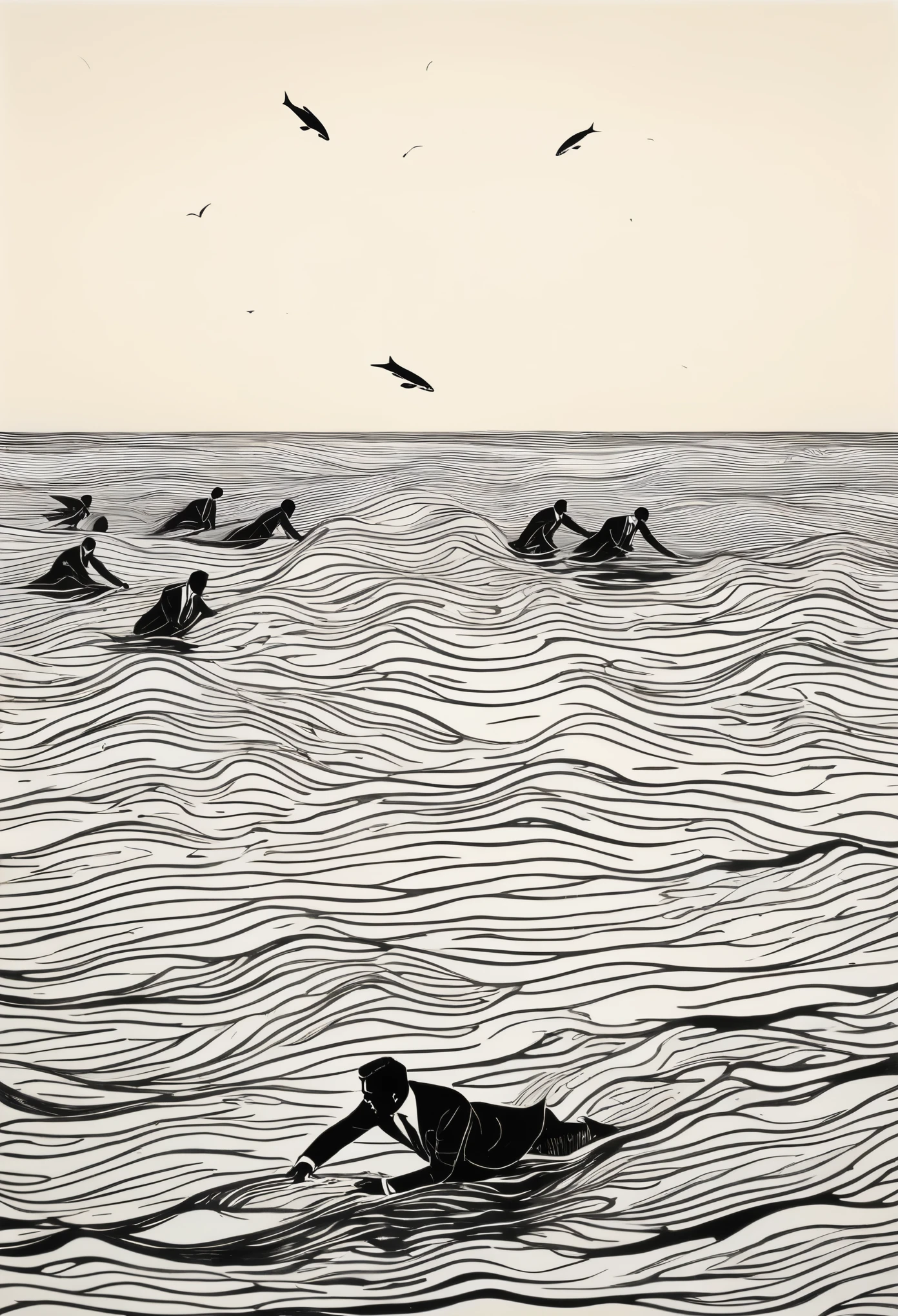 Black ink drawing of men in suits diving into a surfy sea while turning into fish, shedding their clothes, escamas plateadas, y de fondo una salida  del sol en el horizonte.