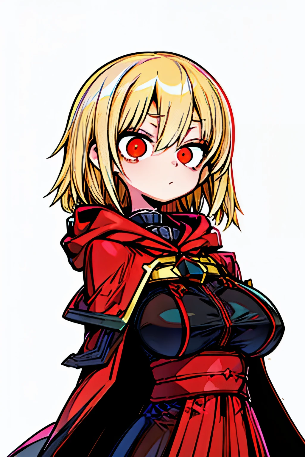 (girl:1.2), (blonde red eyes), (solo:1.2), (pixiv masterpiece:1.2), (cloak hooded:1.2), (large breasts:1.2), (white background:1.5)