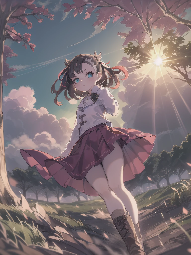 ((Marnie:1.2)), 1girl in, Solo, tree, skyporn, Outdoors, Skirt, cloud, brown, hair, Sunset, lens, f lare, Scenery, , Sun, Wind, long, sleeves, animal snout