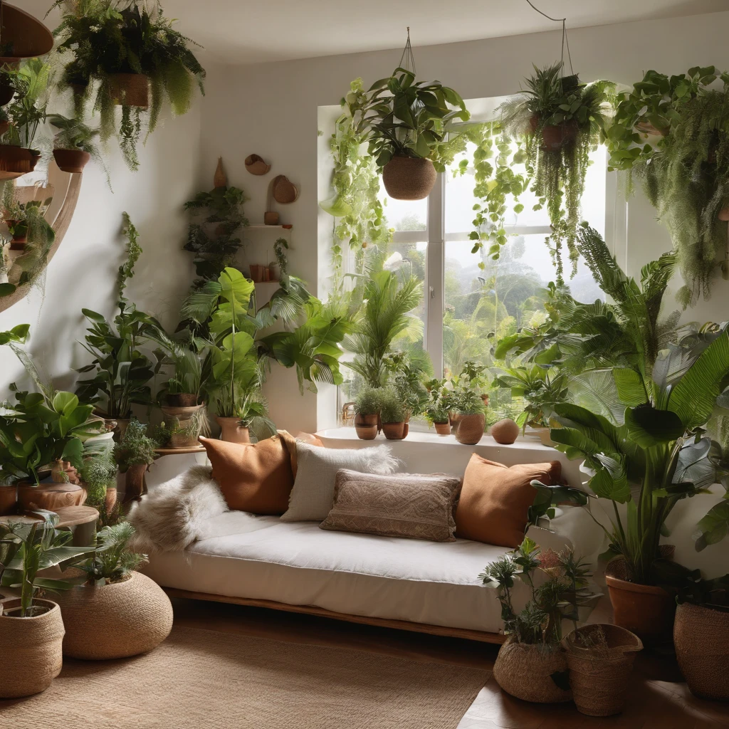 (best quality,4k,8k,highres,masterpiece:1.2),ultra-detailed,(realistic,photorealistic,photo-realistic:1.37),brightly lit,greenery-filled,cozy apartment,serene atmosphere,peaceful vibes,tropical paradise,abundance of plants,botanical oasis,plant-filled sanctuary,verdant surroundings,lush indoor garden,houseplant heaven,natural light streaming in,airy and open space,tranquil and harmonious,relaxed and serene,calm and quiet,comfortable sitting area,comfy sofa,soft and cozy cushions,light-colored wooden floor,potted plants of varying heights and sizes,leafy vines cascading down the walls,leafy canopy forming a green ceiling,lively and vibrant colors,natural and earthy tones,lush foliage,exotic and tropical plants,healthy and thriving greenery,different species of plants and flowers,variety of textures and shapes,succulents and cacti,leafy palms and ferns,colorful blooms and blossoms,hanging planters and macrame holders,window gardens and terrariums,vertical gardening and plant shelves,a woman sitting in the center,relaxed posture,contemplative expression,natural beauty and grace,peaceful and content aura,flowing wavy hair,feminine and stylish outfit,earth-toned dress or cozy loungewear,relaxed and comfortable