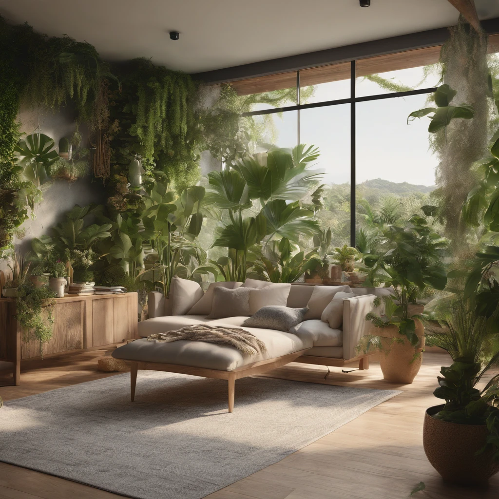 (best quality,4k,8k,highres,masterpiece:1.2),ultra-detailed,(realistic,photorealistic,photo-realistic:1.37),brightly lit,greenery-filled,cozy apartment,serene atmosphere,peaceful vibes,tropical paradise,abundance of plants,botanical oasis,plant-filled sanctuary,verdant surroundings,lush indoor garden,houseplant heaven,natural light streaming in,airy and open space,tranquil and harmonious,relaxed and serene,calm and quiet,comfortable sitting area,comfy sofa,soft and cozy cushions,light-colored wooden floor,potted plants of varying heights and sizes,leafy vines cascading down the walls,leafy canopy forming a green ceiling,lively and vibrant colors,natural and earthy tones,lush foliage,exotic and tropical plants,healthy and thriving greenery,different species of plants and flowers,variety of textures and shapes,succulents and cacti,leafy palms and ferns,colorful blooms and blossoms,hanging planters and macrame holders,window gardens and terrariums,vertical gardening and plant shelves,a woman sitting in the center,relaxed posture,contemplative expression,natural beauty and grace,peaceful and content aura,flowing wavy hair,feminine and stylish outfit,earth-toned dress or cozy loungewear,relaxed and comfortable