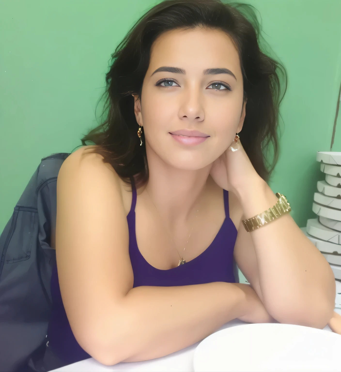 there is a woman sitting at a table with a stack of pizza, profile image, foto realista, 35 year brazilian mother, adriana lima, looks like fabiula nascimento, 