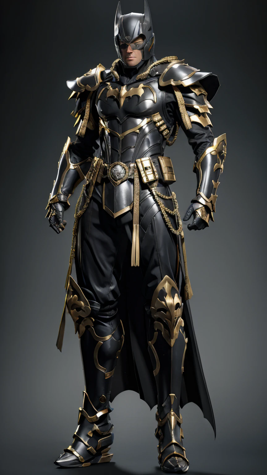 ((Full body photo,standing, feet on the ground)) batman, A silver-haired warrior man with yellow eyes wearing black and gold armor