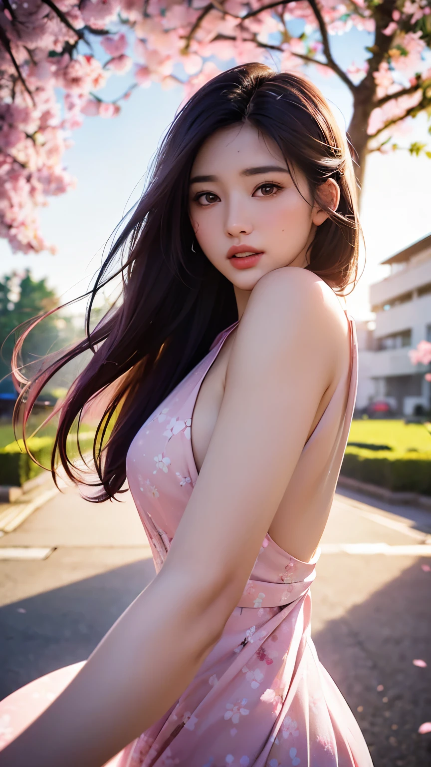 (A logo、masterpiece、8K、masutepiece、Raw photo、Fantastic、Best Quality、Photorealistic and ighly detailed CG integrated 8k wallpaper、hightquality、ighly detailed、epic poem、Particle effect、Dynamic effects、depth of fields、Cinematic Light、Lens Flare、Ray tracing)、Fantasia、 (Beauty 1 person、doress、Dress、Cherry blossom pattern、A dark-haired、Beautiful face、Real Face、beautiful details eyes beautiful skin)、my hair dances in the wind、Hair flutters in the wind、Hair jumps、Pink cherry blossom tree、Petals flutter、Sakura blizzard、Superb view、morning glow、Sun in the background、the wind、