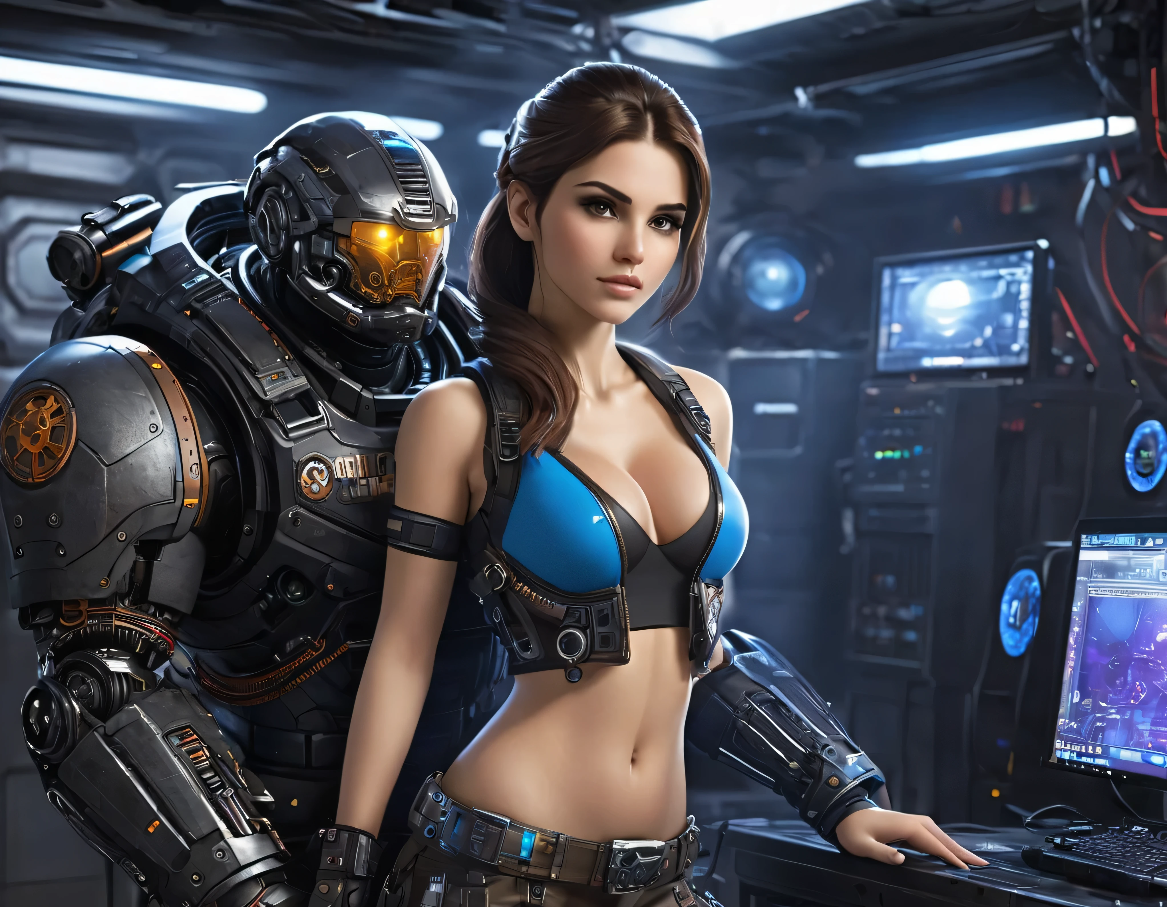 una joven bella,exuberante,imponente, (cuerpo completo), con uniforme espacial sofisticado tecnologicamente,con toque de gears of war, sexy con minifaldas, se encuentra, en un amplio salon del centro de control de una spacecraft, con gran tecnologia instrumental, ordenadores, luces indicadoras led de diferentes colores,terminal de computadora,servidores de computadoras, pantallas lcd, algun robot sentado manejando estos ordenadores, y con un amplio ventanal donde se ve la ciudad de coruscant, en un entorno de ciencia ficcion de primer nivel, ,todo lleno de imaginacion,ciencia ficcion y (intrincados detalles de la maquina).imagen fotorrealista,nitidez maxima, calidad 8k.(obra maestra de calidad superior).(renderizado 3d). obra maestra de superior calidad.