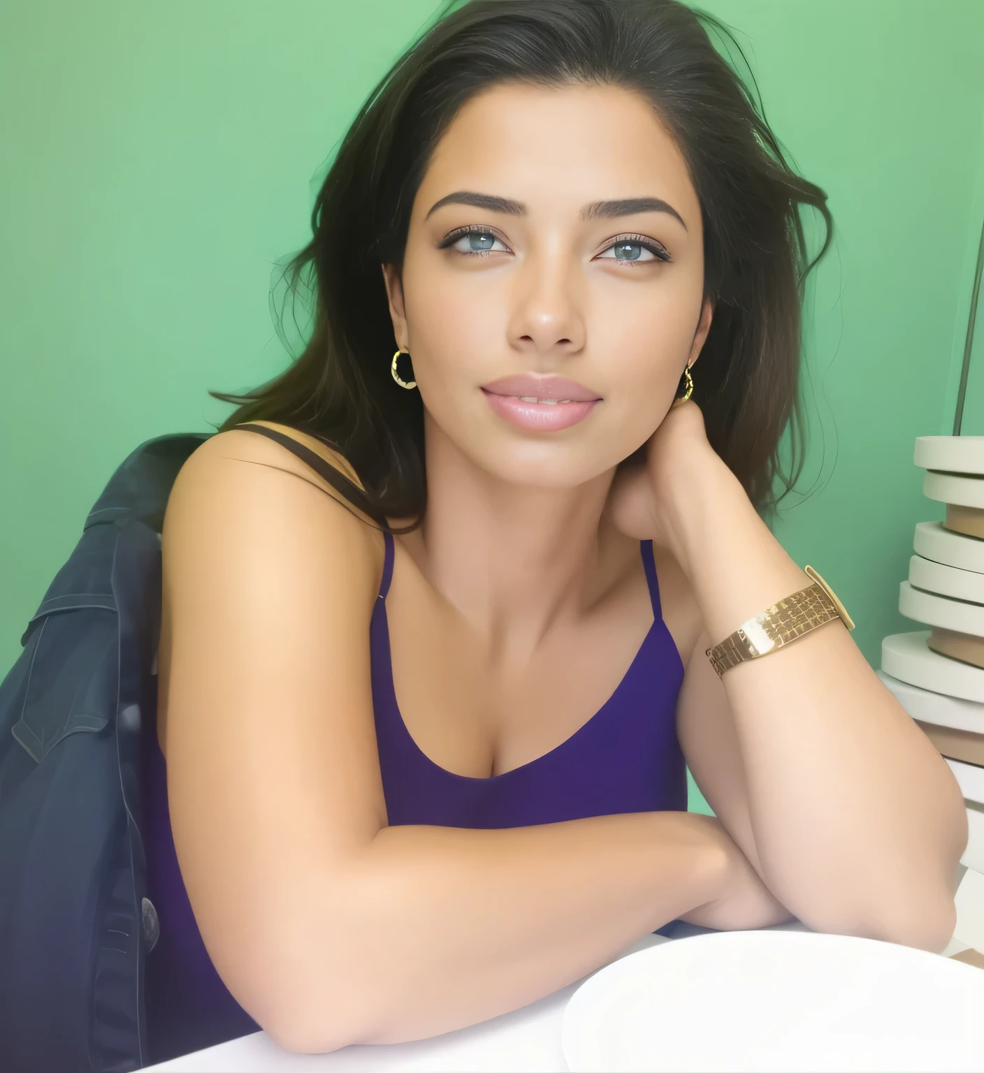 there is a woman sitting at a table with a stack of pizza, profile image, foto realista, 35 year brazilian mother, adriana lima, looks like fabiula nascimento, 