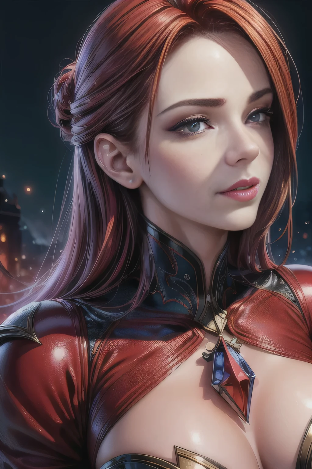 portrait shot, ((vivid red hair)), mature woman, 30 years old, diamond face, moonlight, red starry sky background, depth of field, magic, big red lips, ((dark and red black eyes)) black and red long and full dress, covered chest, mystical atmosphere, ominous shadows, Intense blue aura, Intense red aura (best quality:1.2), absurdres, intricate details, (highly detailed skin:1.2), smile expression, posing, taut and well defined body, attractive. Highly realistic, pale skin, beautiful, hyperrealism, skin very elaborated, direct gaze, (RAW, analogue, Nikon Z 14mm ultra-wide angle lens, award-winning glamour photograph, ((best quality)), ((masterpiece)), ((realistic)), skin pores, subsurface scattering, high-res, detailed facial features, high detail, sharp focus, smooth, aesthetic, extremely detailed, (extremely detailed eyes, extremely detailed iris), extremely detailed hair, extremely detailed skin, extremely detailed clothes, octane render, photorealistic, realistic, post-processing, max detail, realistic shadows, roughness, natural skin texture, real life, ultra-realistic, photorealism, photography, 8k UHD, photography, hdr, intricate, elegant, highly detailed, sharp focus, stunning, beautiful, gorgeous), realistic, masterpiece, highest quality, movie still, cloud girl, floating in the sky, (close-up:1.1), medium breast, bright, happy, fun, soft lighting,
