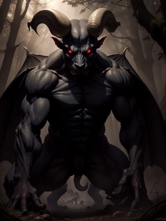 outdoors, forest, mist,nosferatu zodd stalk betwen trees, demon form, two big horn, mad, wings