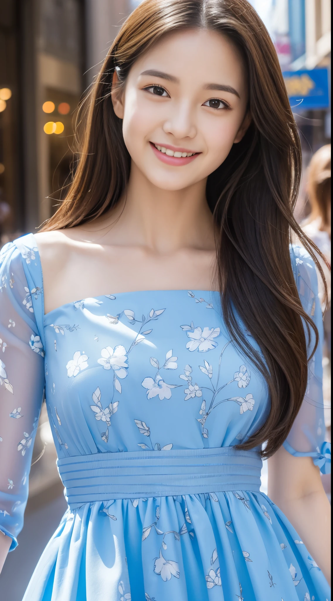 Walk the streets of the city,One lady、 Bandeau Dress, Wearing long gorgeous clothes, She is wearing a sky blue floral long dress., shopping, In the city, highly detailed beautiful girl, Highly detailed face, Highly detailed eyes, highly detailedskin, extremely detailed fingers, highly detailed nose, very detailed detailed mouth、Smile a little