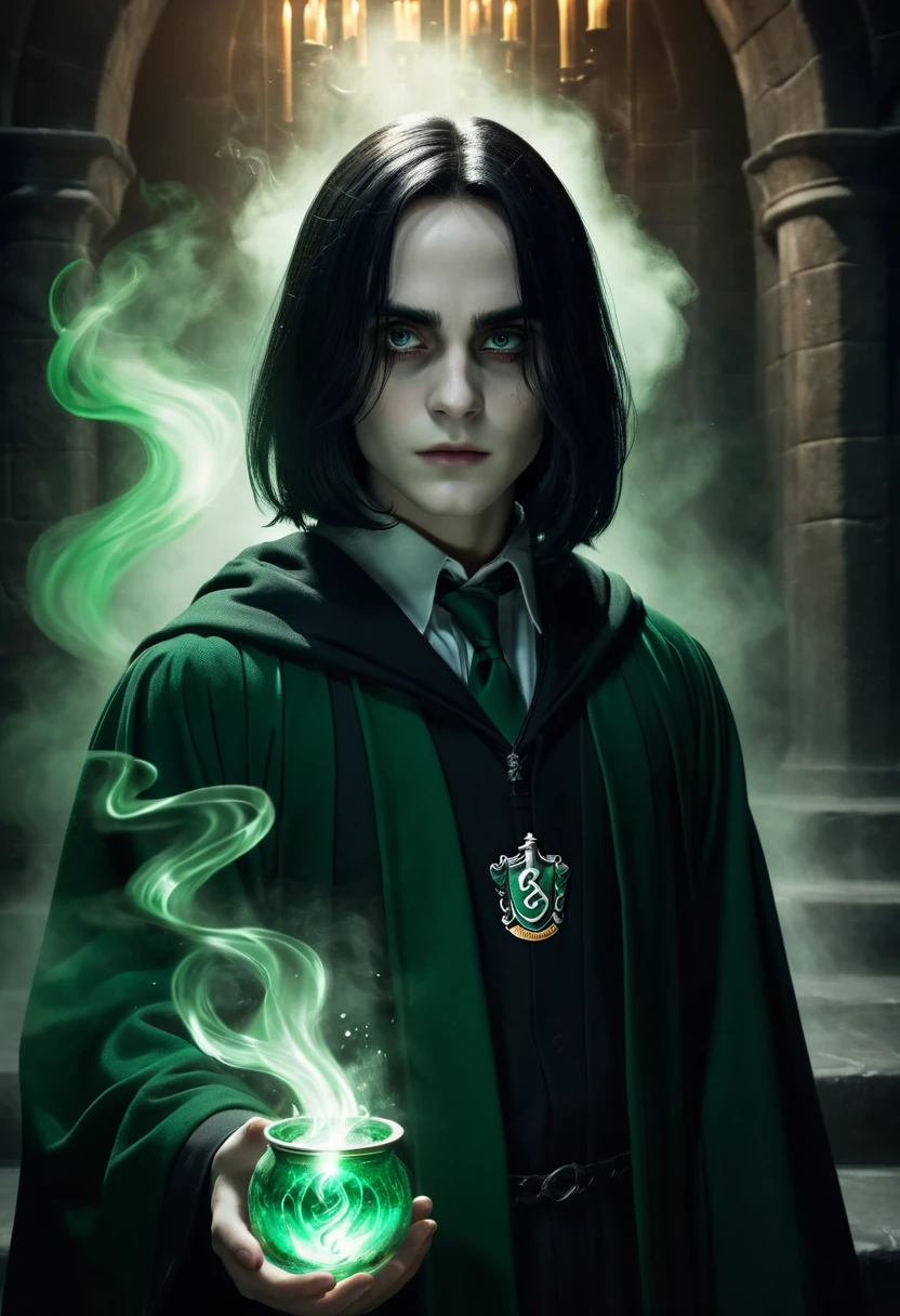 (realistic:1.2, ultra-detailed:1.1), Portrait, black eyes, long black greasy hair, pale complexion, elegant features, roman nose, young Severus Snape, dark robes, dimly lit dungeon, ethereal lighting, mysterious atmosphere, Hogwarts backdrop, wand in hand, intense gaze, slight smirk, swirling potion cauldron, Slytherin emblem hanging on the wall, smoke and shadows, intense expression, magical aura