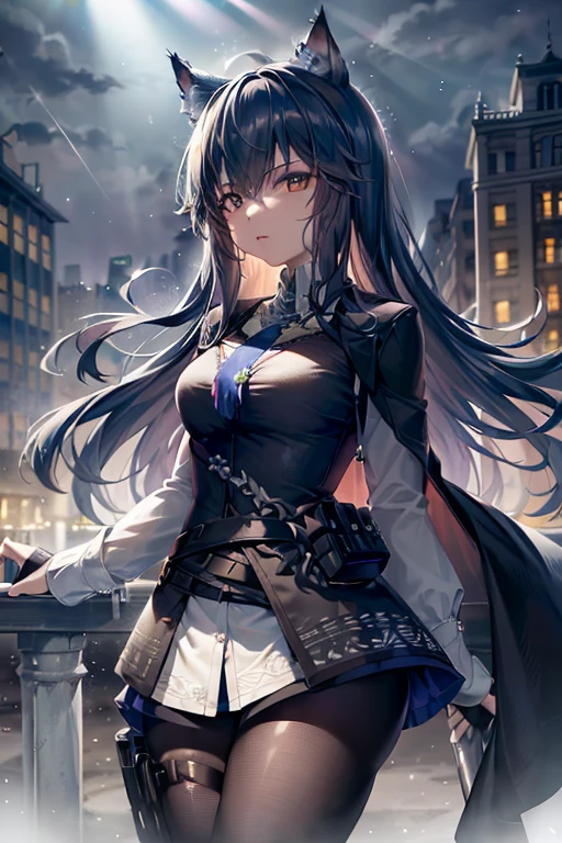 (8K, original photo, best quality, master:1.4), ultra high resolution, (actual, photo-actual:1.48),Ortosa,1 girl,(K-pop idol), (Egiosar:1), Lovely, (Super bokeh night city center:1.25)、background bokeh、night、traffic light、road sign、rain、rain后、Soaked、professional lighting、detailed lighting、Photon Diagram、wireless electric castle、Physically based rendering、black色连裤袜绽放、backlight、depth of field、natural lighting, hard focus, film grain, One meter shooting distance, Professionally photographed, Shot with Sony a9 II mirrorless camera, delicate eyes, photoactual eye, Detailed shadows, looking at the audience, cat ears, detailed lighting, skirt, blackskirt, long legs,black,(fine hair,photo-actual hair,Realistic lighting,actual shaded,actual dress),Realistic skin,(There is a gun on the waist:1),Realistic light reflections from above,((arms behind back)),(Put your hands behind your back) ,Bandeau style,Raised sexy,