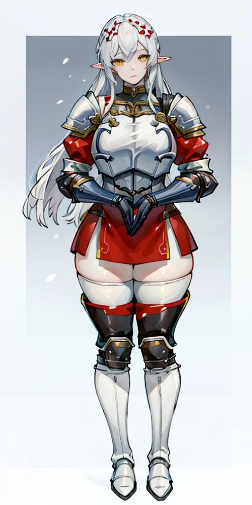 masterpiece, best quality, high quality, 1solo white SKIN elf, long hair, white hair, yellow eyes, full body, def_effie, blue breastplate, looking at viewer, shiny,armor, thighhighs, high boots,shoulder armor, faulds, poleyn, gloves, gauntlets