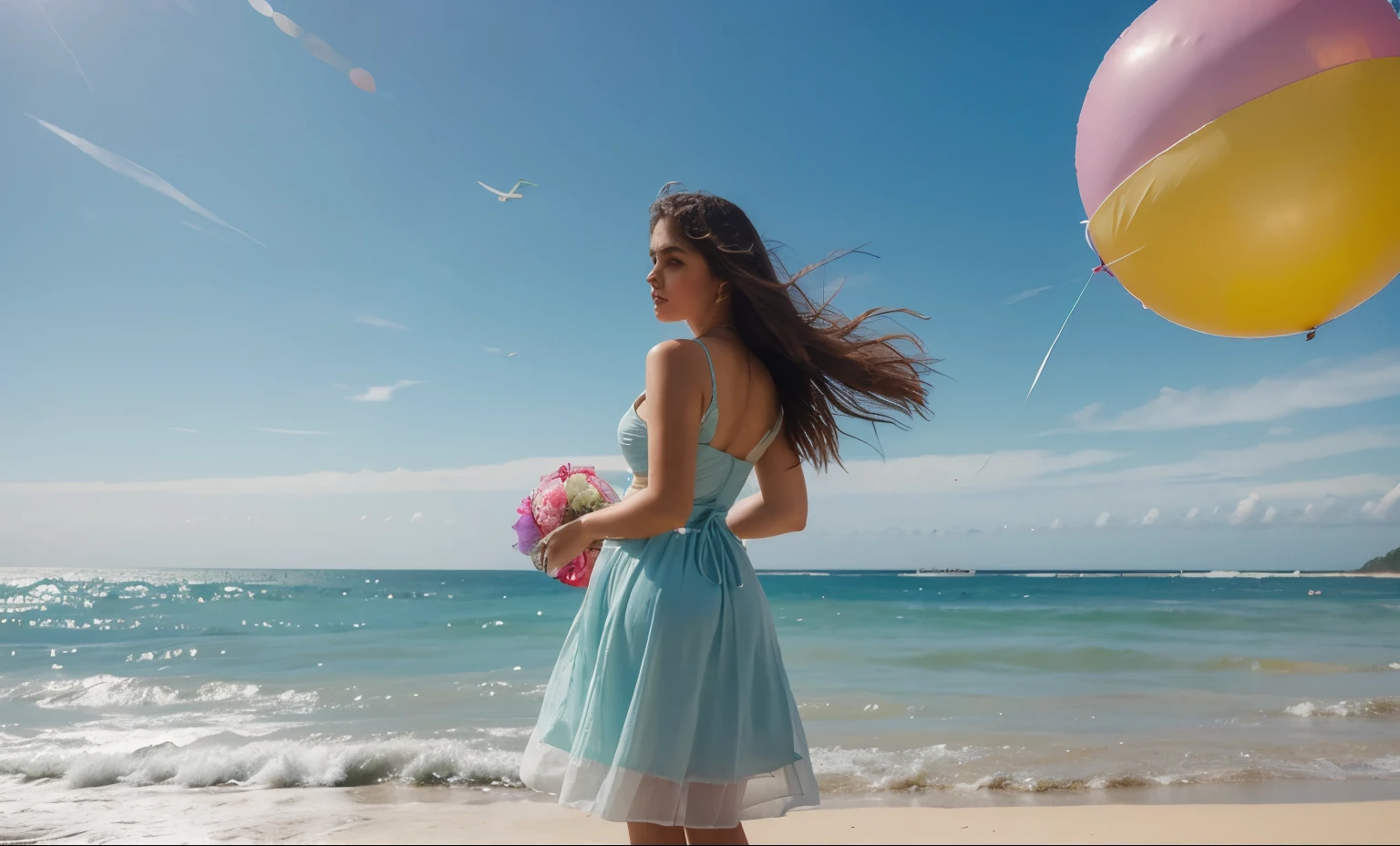 uma bela mulher vestida com vestido branco, de chapeu, andando em uma praia, With his back to the photographer, imagem ultra realista 12k, mulkher holding balloons of various sizes and colors that float in the wind