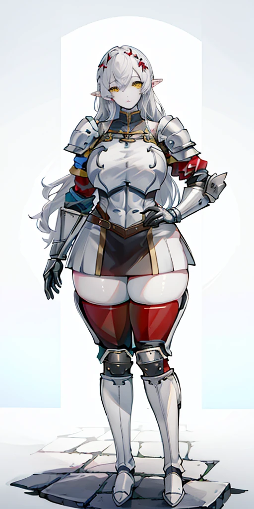 masterpiece, best quality, high quality, 1solo white SKIN elf, long hair, white hair, yellow eyes, full body, def_effie, blue breastplate, looking at viewer, shiny,armor, thighhighs, high boots,shoulder armor, faulds, poleyn, gloves, gauntlets