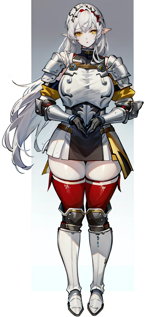 masterpiece, best quality, high quality, 1solo white SKIN elf, long hair, white hair, yellow eyes, full body, def_effie, blue breastplate, looking at viewer, shiny,armor, thighhighs, high boots,shoulder armor, faulds, poleyn, gloves, gauntlets