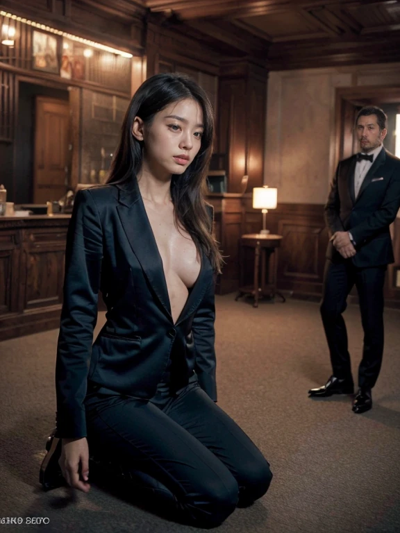 ban nsfw，original photo，depth of field，dramatic，(Real movie stills:1.3)，(best quality, high resolution:1.2), Super detailed details, (actual、lifelike、Realism:1.3), Inspired by the 007 movie，at sunset，spectacular cloud formations，full body portrait，A beautiful and handsome couple，Woman kneeling at the man&#39;s feet, sophisticated evening gown，The atmosphere of the battle, Threatening atmosphere, close up, Perfect body，性感的long legs，long legs，Highly detailed facial details,  real background，The background is in the wild，Stills from the real 007 movie，Movie plot，The man stands next to the woman，(sharp focus:1.2), Very detailed, (lifelike:1.4), (The original image, 8K high resolution:1.2), RAW candid movies, 16 mm, Color graded Portra 400 film, Surreal, subsurface scattering, Ray tracing, (Volumetric lighting)，Two men in suits behind
