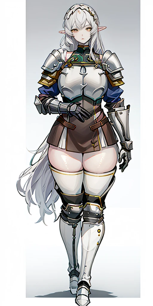 masterpiece, best quality, high quality, 1solo white SKIN elf, long hair, white hair, yellow eyes, full body, def_effie, blue breastplate, looking at viewer, shiny,armor, thighhighs, high boots,shoulder armor, faulds, poleyn, gloves, gauntlets