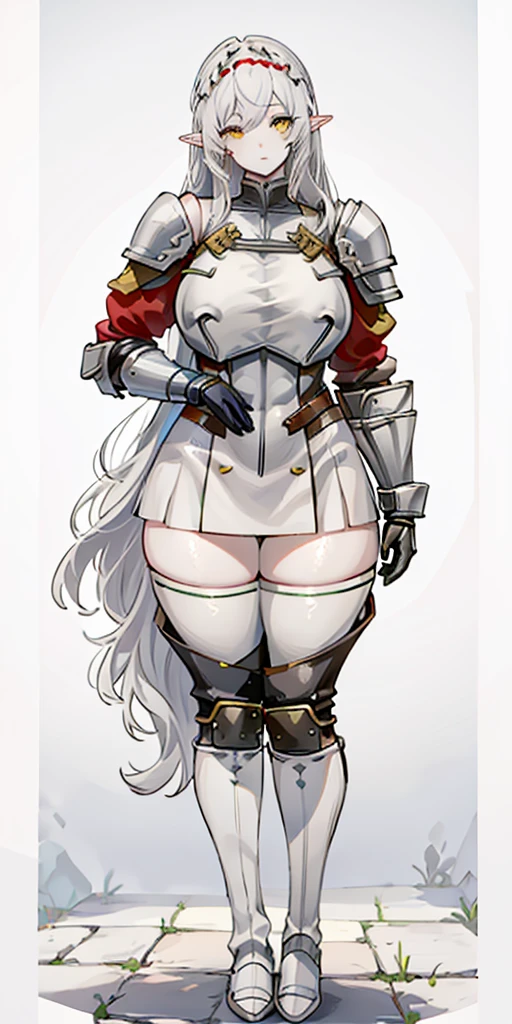 masterpiece, best quality, high quality, 1solo white SKIN elf, long hair, white hair, yellow eyes, full body, def_effie, blue breastplate, looking at viewer, shiny,armor, thighhighs, high boots,shoulder armor, faulds, poleyn, gloves, gauntlets