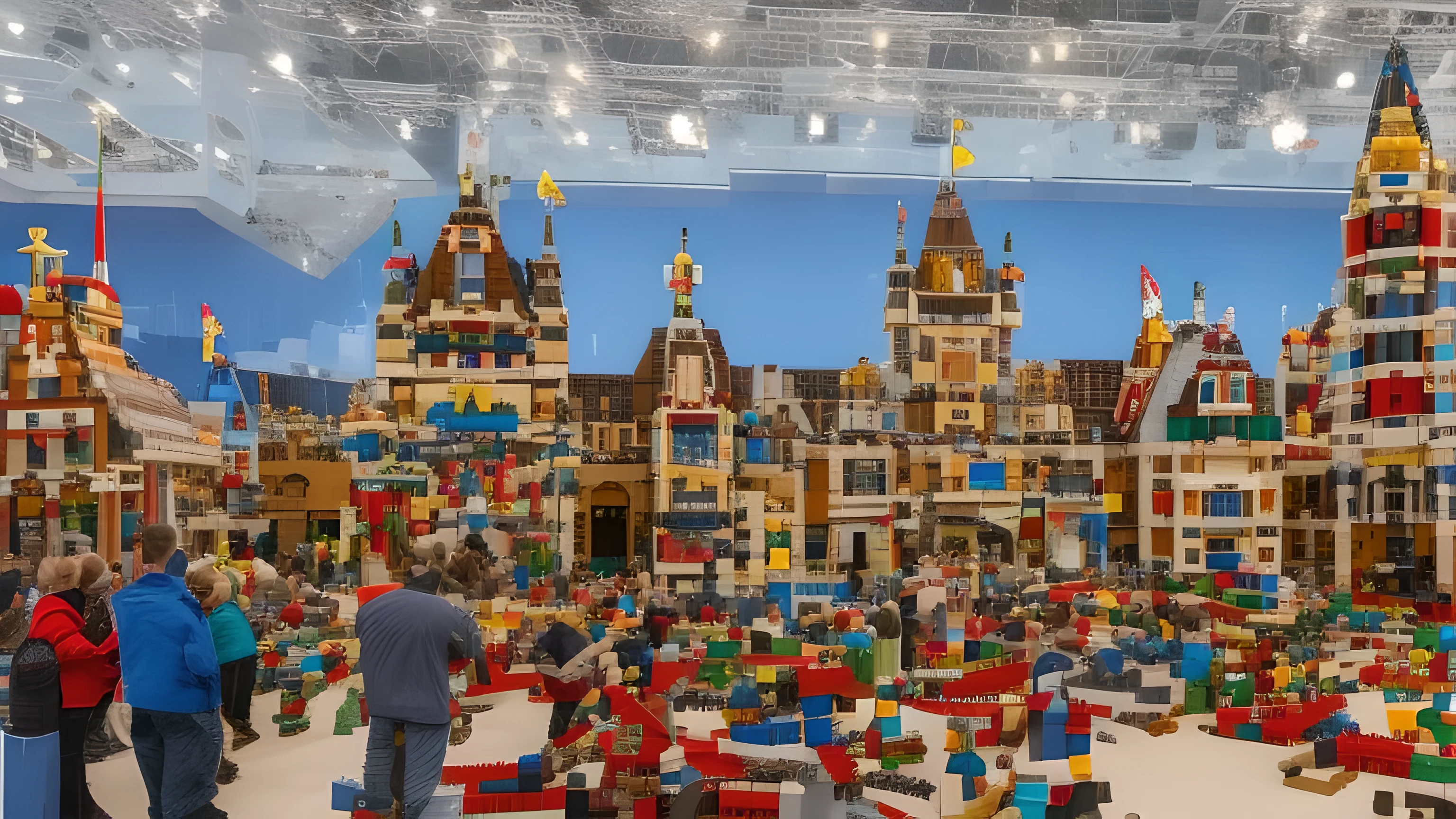 people looking at giant lego castle made of toy blocks, award winning photography highly detailed, super high resolution, 8K UHD --v 6