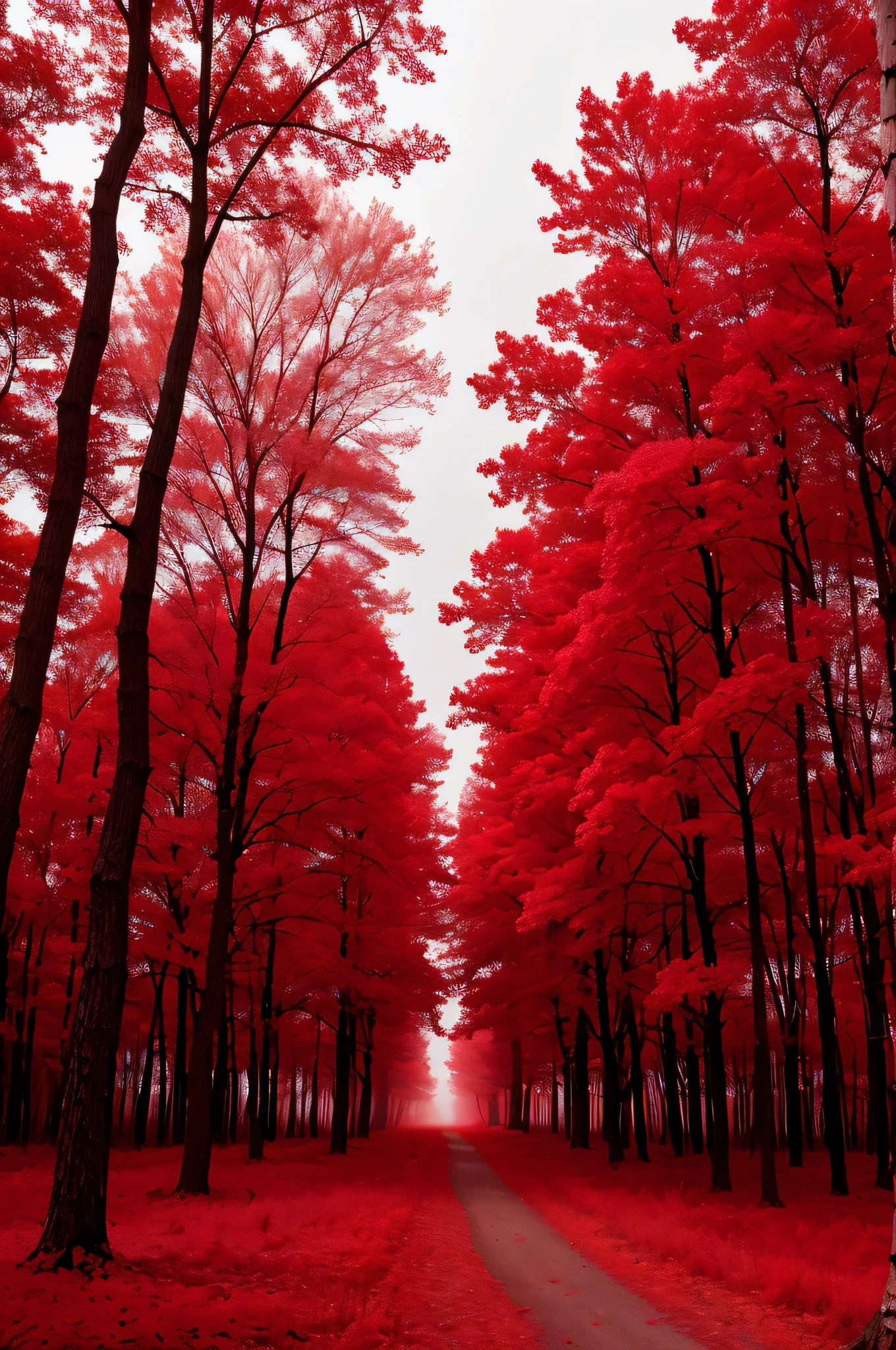 in a red dream world, red forest, infrared photography, amazing depth, red mood in background, shades of red, in a Land so far away