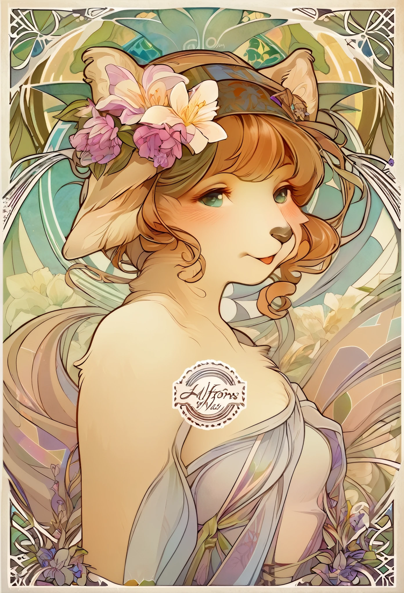 top quality, best quality, logo mark, stamp, Geometric pattern, vector-art, High-quality illustrations by Alfons Mucha, masterpiece(kemono, furry anthro)flower,