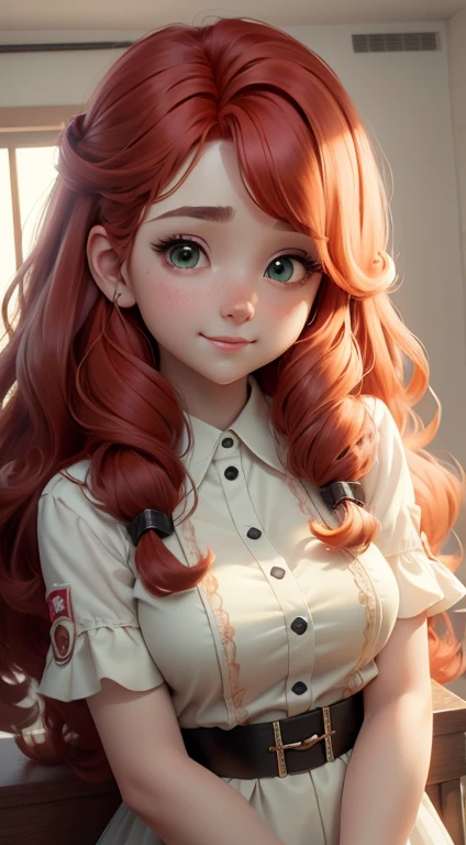 1Girl, 4K, looks like an angel, Long red hair, dynamic lighting, hugging corgi puppy, ((attention to detail)), ((precise detailing)), red curly long hair, White shirt, Green Dark Eyes, Cute Corgi (attention to precise details))