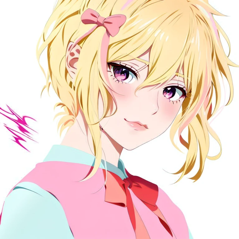 anime girl with blonde hair and pink bow in pink shirt, retrato estilo anime, rei hiroe, em estilo anime, gapmoe Yandere, personagem de estilo anime, estilo de arte anime moe, Sayori, neferpitou, uma garota de anime, no estilo anime, retrato de uma linda garota de anime, Yandere, retrato anime , rosto de garota de anime extremamente fofo, realismo, foto de alta qualidade.