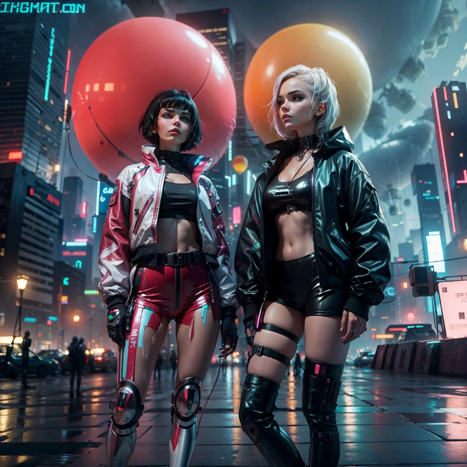 Beautiful cyberpunks women with baloons and a cyberpunk city in the background