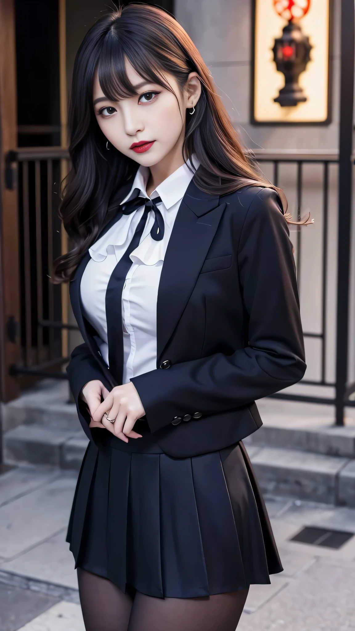 tra-detailed、2girls、Japanese、attractive beauty、seductive adult woman、pretty woman、piercing eyes、cool girl、wavy hair、swept bangs、suit、Jacket、blouse、ribbon、Tight Skirt、pantyhose、beautiful feet、Evil cadres、evil depravity、brainwash、mind control、lipstick、lip gloss、dark makeup、smirk、Evil expression、evil、hollow eyes,half-closed eyes、empty eyes、evil、church at night、vampire、succubus、vampire、Swear allegiance、stand