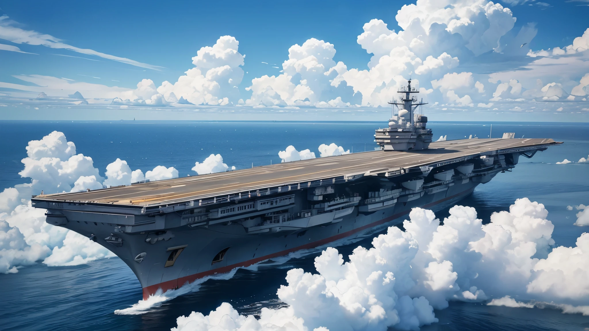 aircraft carrier, flying in the sky near the clouds, clear sky, high quality image