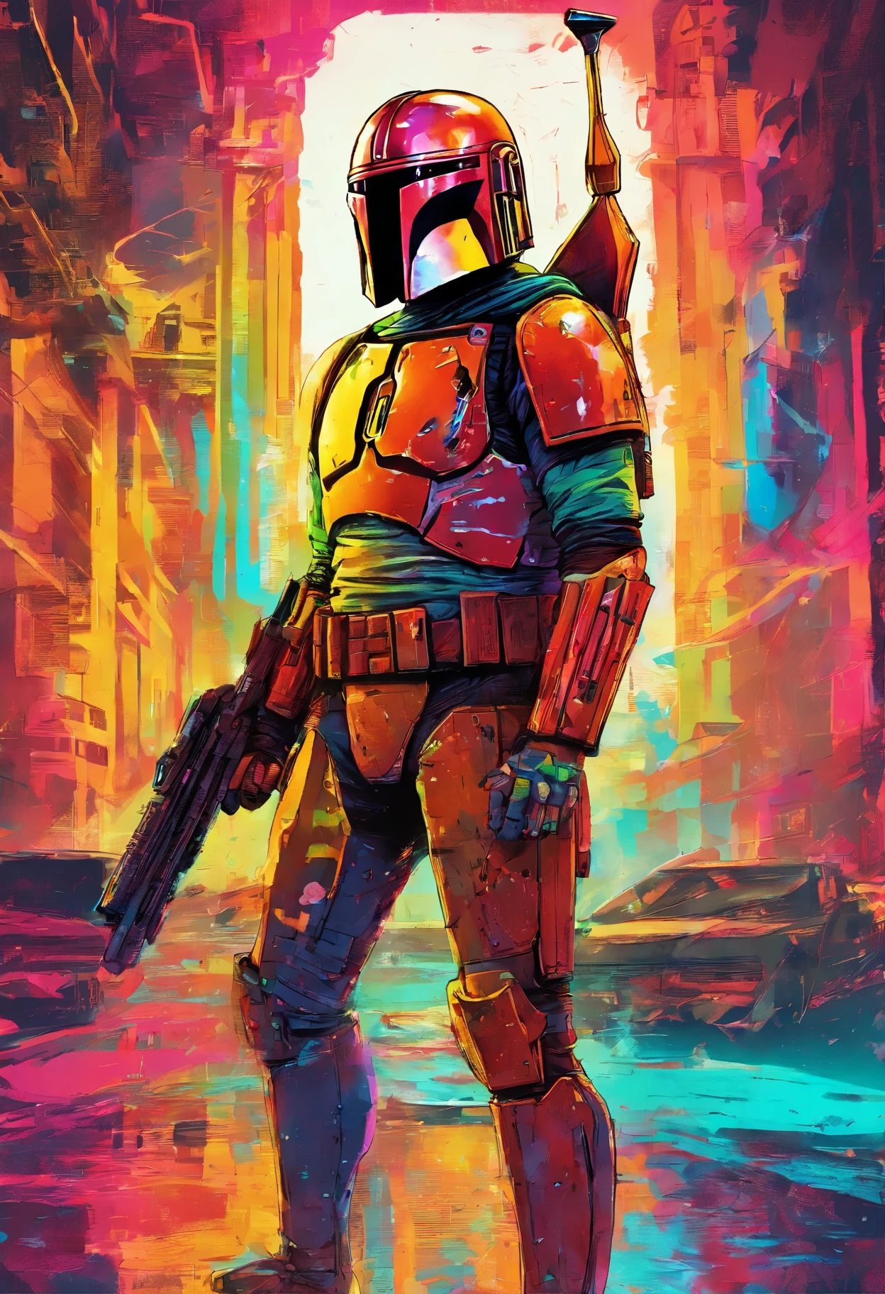 El dibujo de tinta  mandalorian, Digital illustration, Comic strip style, acuarela, Estilo ArtStation, arte conceptual, 2 d illustration, por Peter Draw, por Carne Griffiths, por Wadim Kashin, cuerpo completo, centrado,detallado, Suave, dynamic  pose