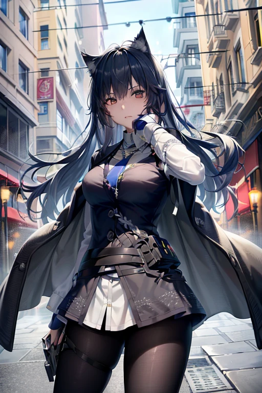(8K, original photo, best quality, master:1.4), ultra high resolution, (actual, photo-actual:1.48),Ortosa,1 girl,(K-pop idol), (Egiosar:1), Lovely, (Super bokeh night city center:1.25)、background bokeh、night、traffic light、road sign、rain、rain后、Soaked、professional lighting、detailed lighting、Photon Diagram、wireless electric castle、Physically based rendering、black色连裤袜绽放、backlight、depth of field、natural lighting, hard focus, film grain, One meter shooting distance, Professionally photographed, Shot with Sony a9 II mirrorless camera, delicate eyes, photoactual eye, Detailed shadows, looking at the audience, cat ears, detailed lighting, skirt, blackskirt, long legs,black,(fine hair,photo-actual hair,Realistic lighting,actual shaded,actual dress),Realistic skin,(There is a gun on the waist:1),Realistic light reflections from above,((arms behind back)),(Put your hands behind your back) ,Bandeau style,Raised sexy,holes in clothes,damaged clothes