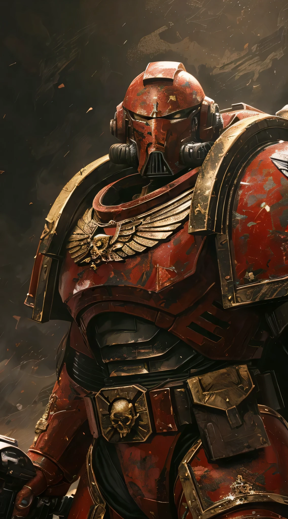 (best quality, masterpiece:1.2), kintsugi Space Marine wearing crimson armor , illustrated shoulders, classical iconography, traditional religious iconography, modern graphic illustration techniques, intricate texture , expressive line work , life-like portraiture , magical realism art style, Illustrative details, art nouveau, dream like background