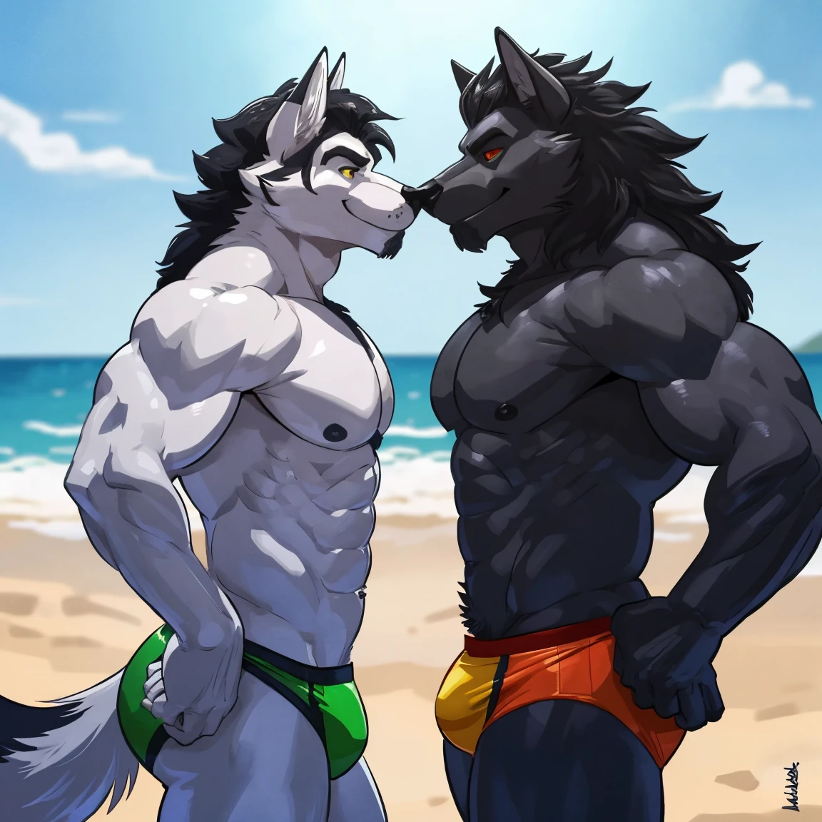 Namorados, casal gay, lobo cinza de olhos fechados, speedos vermelho, e lobo branco de olhos bem abertos e amarelos, impressionado, speedos preto, se beijando, beijo, side view. 4k, very high resolution, better quality, Postado em E621, corpo do antro, macho, , Macho, (very muscular, peitos fortes, fucinhos longos peitorais fortes, Defined muscles:1.2), anatomia correta, (Fundo da praia, fundo do mar, sky background, dia:1.0), (blurry background, Plano de fundo fora de foco:1.2), (por wfa:1.0), (por Negger:1.0), sexy, (cel sombreado, sombreamento dos desenhos animados:1.2), lineart preto, contorno preto, flat coloring, (sombras fortes, sombras escuras:1.2), (speedos, bojo), sombras sexy, Cauda de lobo, By mystikfox61