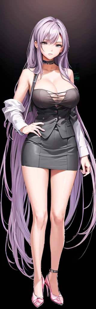 A beautiful woman with long hair, big breasts, beautiful legs and a sharp face is standing in a suit wearing a tube top and a mini skirt.。It emphasizes the tube top on the chest.。