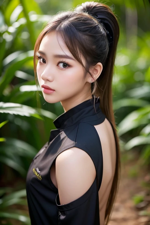 a thailand 23 yo woman, beauty face,looking to viewer,dark blonde ponytail hair , dark jungle with many grass background, ( same outfit White female chef outfit ), There is a hairpin on the side of her hair