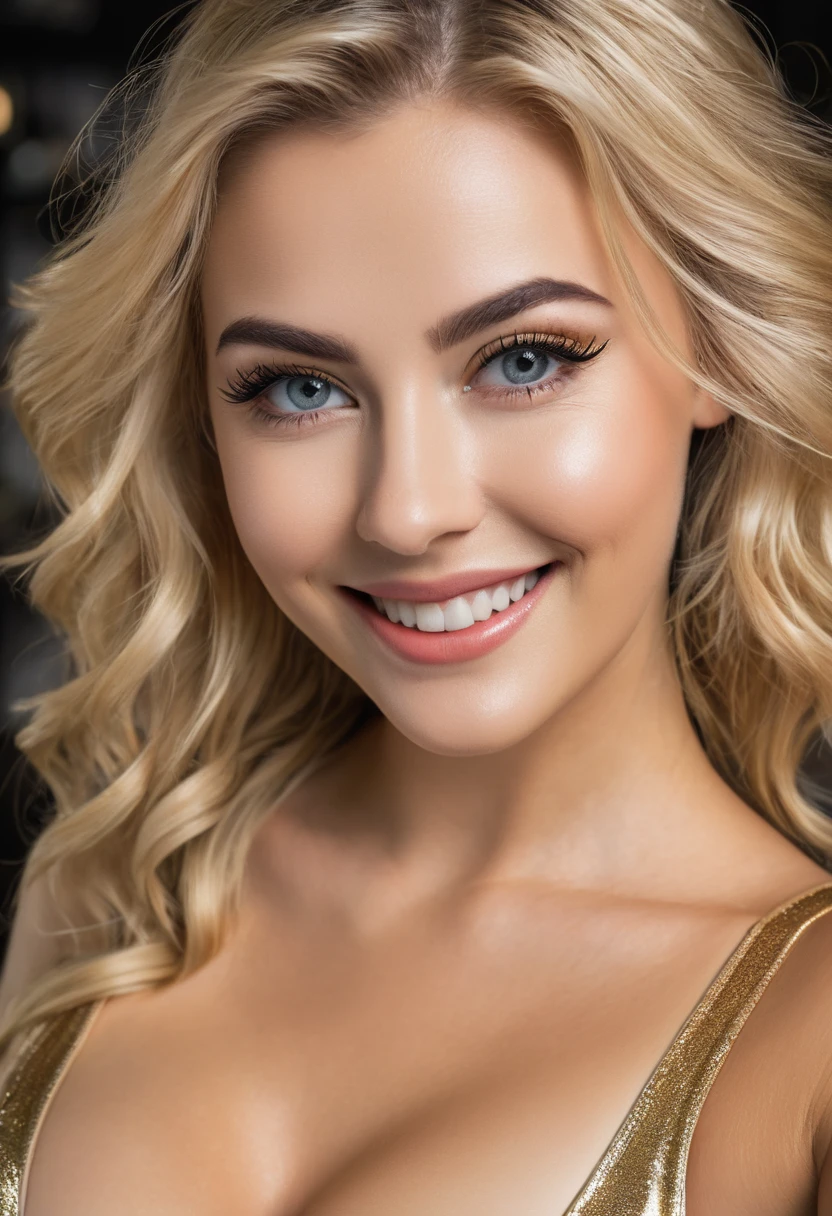 8K, Best quality, Meisterwerk, Ultra high resolution, (Realismus: 1.4), Originalfoto, (realistische Hautstruktur: 1.3), (Filmkorn: 1.3), (Selfie-Winkel), 1 girl, Beautiful eyes and facial details, Meisterwerk, Best quality, Full body shot, den Betrachter anschauen, langes glattes blondes Haar, grosse Brust, dezentes Make-Up mit Eyeliner, embarrassed smile, shiny golden swimwear
