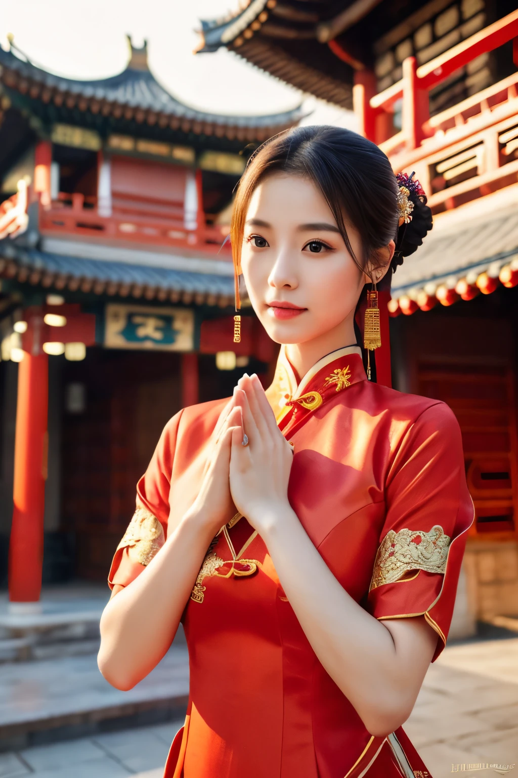 (​Masterpiece、High level of image quality、high quality)、(Beautiful realistic Chinese woman:1.5、Beauty:1.4)、temple、January、Woman folds her hands in prayer、perfect anatomy、beautiful limbs、Wear red Hanfu dress、23 years old、Chinese loft building in the background，patio