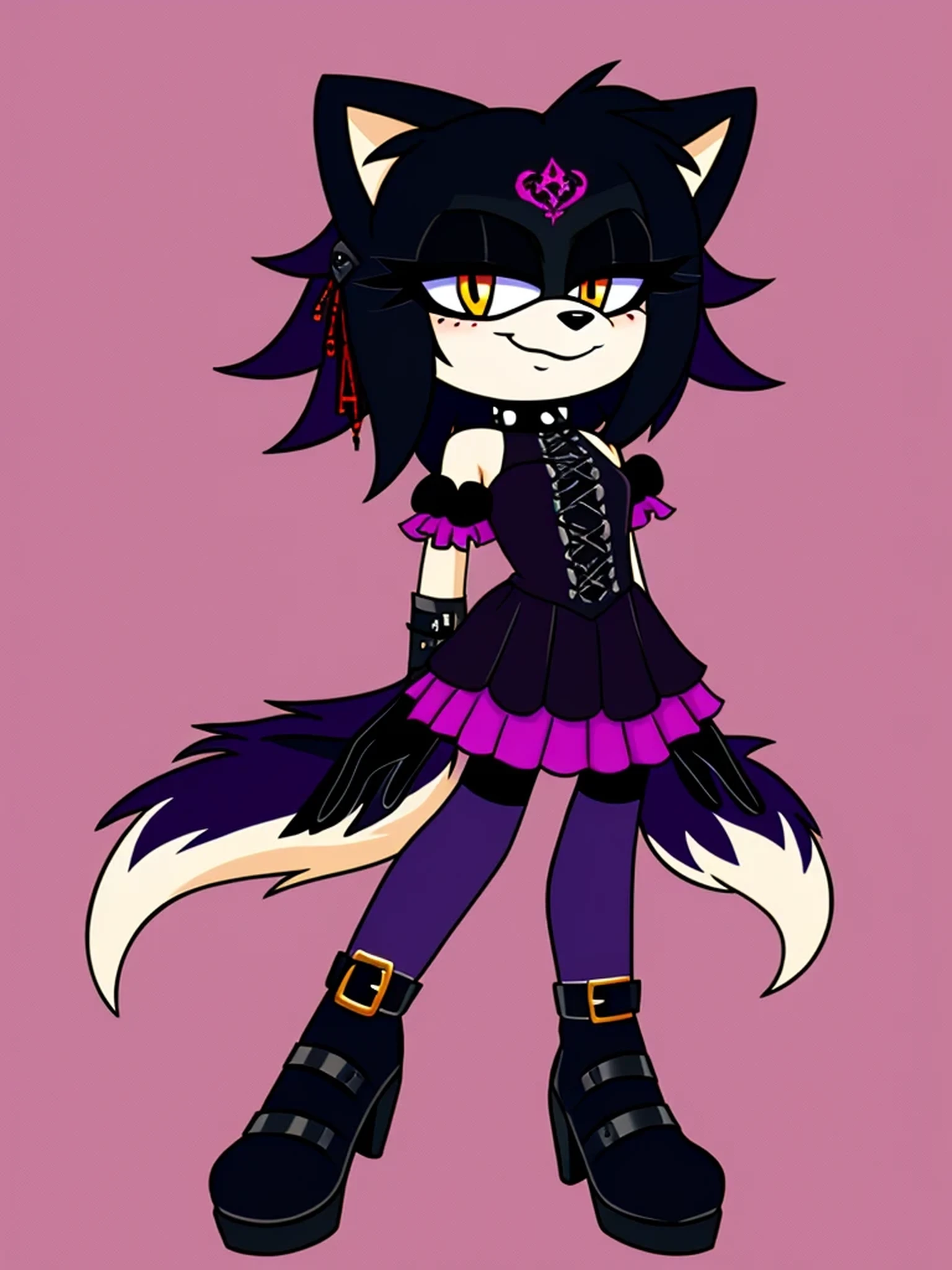 purple Mobian wolf, goth outfit, plain background