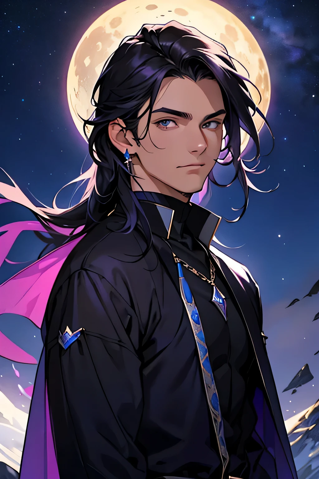 a 18 year old teenager, young, a prince, royalty, blue, purple, black medium hair, man's medium hair, without a beard, without a goatee, no facial hair, black clothes, jewelry, sparkling, night sky, night time, stars, kind, soft, sweet face, nice