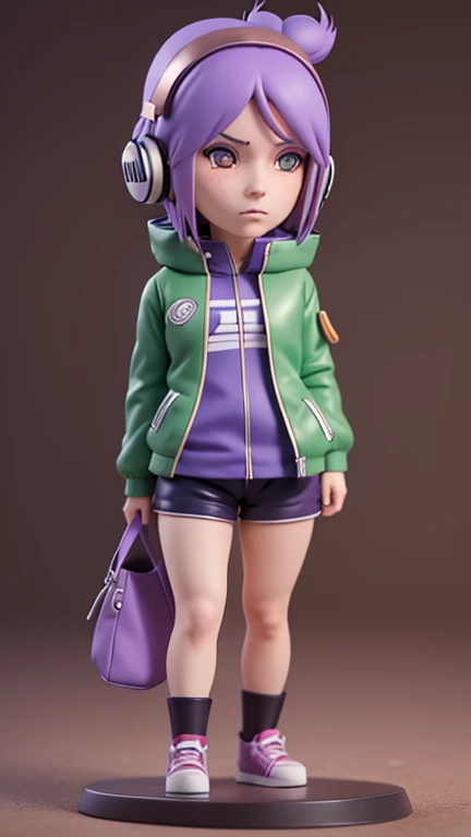 masterpiece, best quality, 8k, cinematic light, ultra high res, chibi, 1girl,Konan from Naruto Shippuden, shorts, purple hair, headphones, bag, green jacket, shoes, brown eyeull body:1.2), freckles, standing,